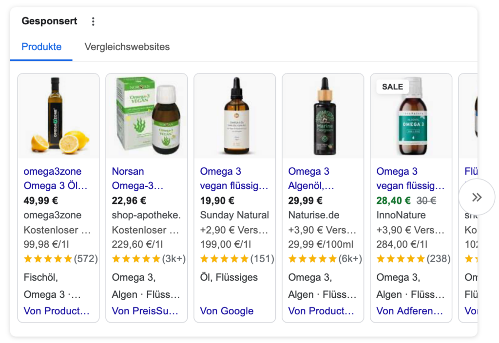 Shopify. Google Shopping Feed von der Suche nach Omega 3 Öl