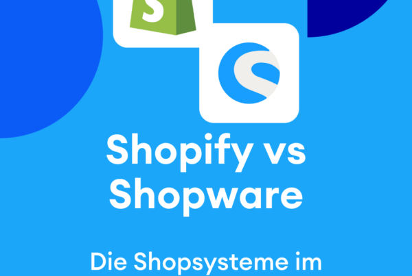 Shopify vs. Shopware Grafik zeigt einen blauen Hintergrund und weiße Schrift zu dem Thema
